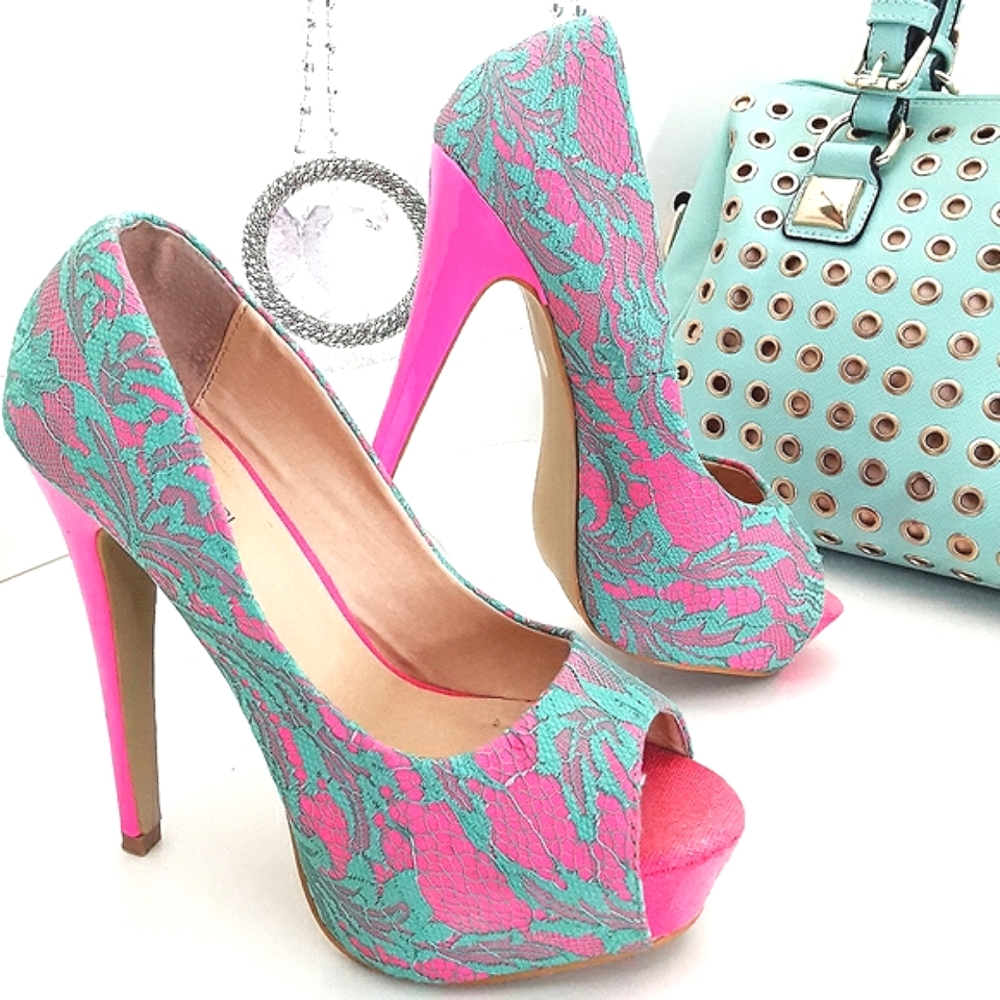 Material Girl Pink and Teal Lace Platform Peep-Toe Heels